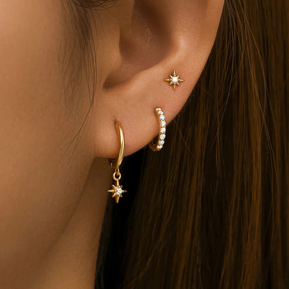 3 Piece Fashion Stainless Steel Round Star Drop Earrings Set for Women 18K Gold Plated Dangle Earring Punk Unisex Rock Jewelry Econic Blanks